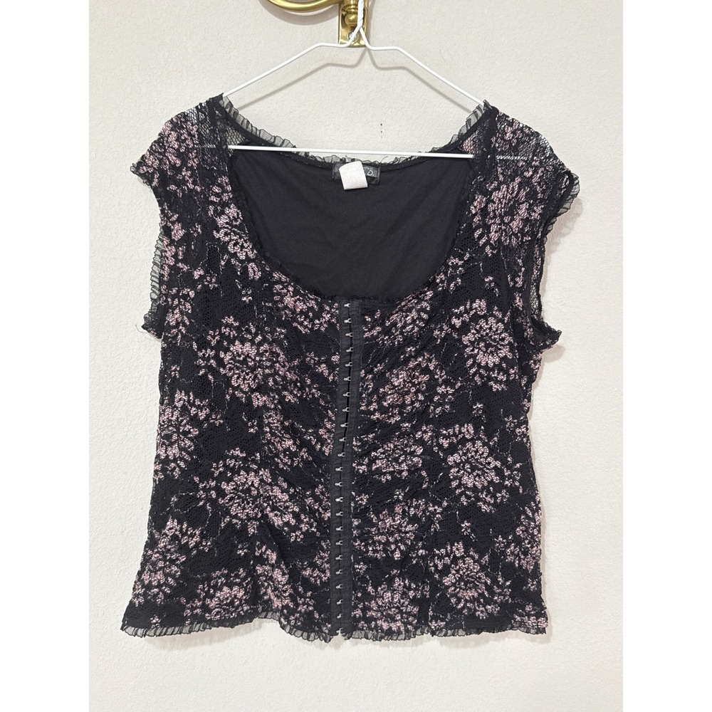 J.T.B. Lace Hook Eye Top Womens XL Black Pink Floral Ruched Ruffle Sleeveless